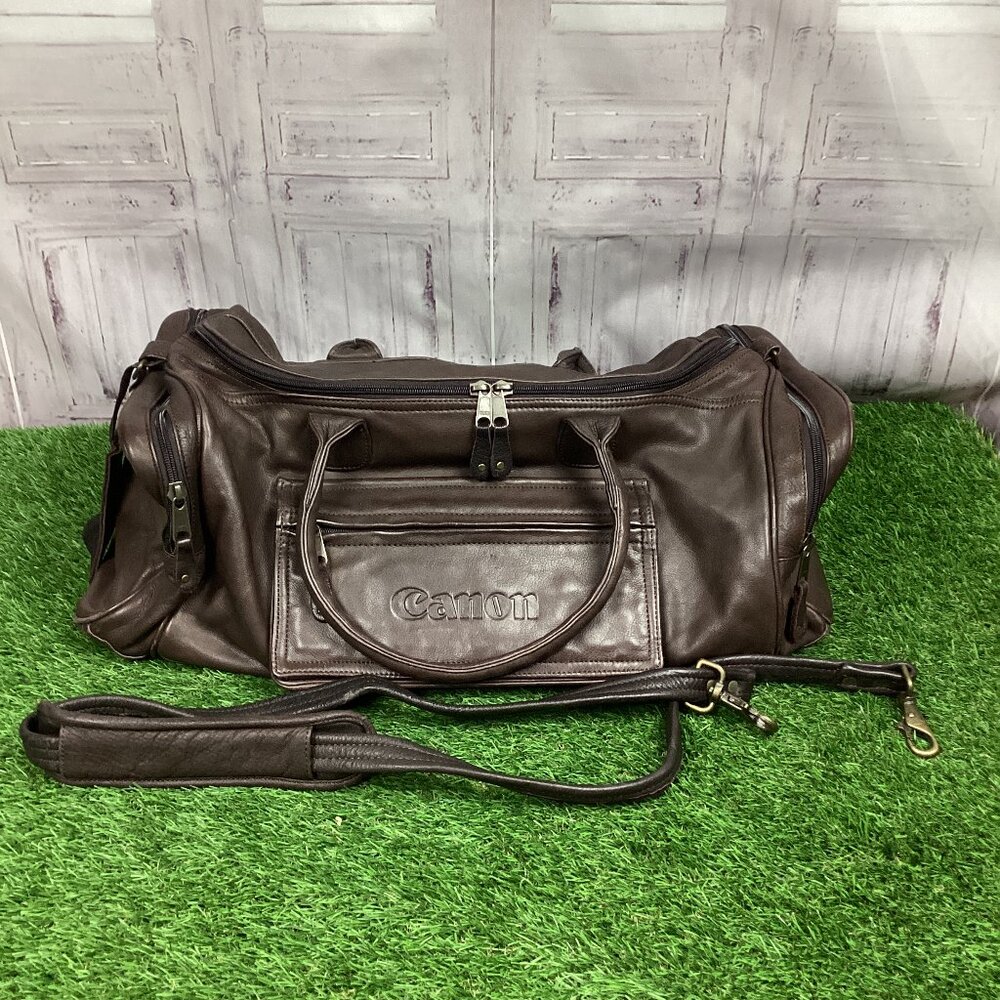 Canyon Outback Large Brown Leather Duffel Bag Canon Camera Promotional Item VTG